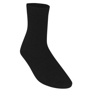 Frontal view of a plain black sock.