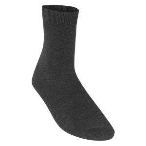 Frontal view of a plain charcoal grey sock.