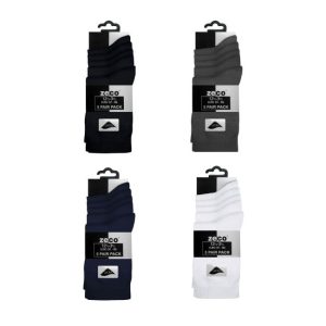 Frontal view of packs of 5 pairs of anckle socks in colours: black, navy, charcoal, and white.