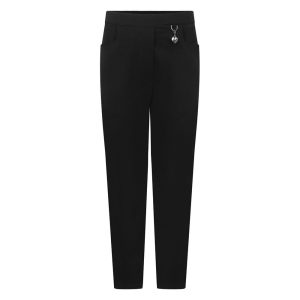 Frontal view of girls' black school trousers.