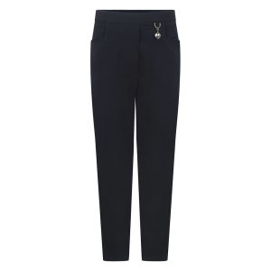 Frontal view of girls' navy school trousers.
