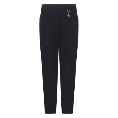 Frontal view of girls' navy school trousers.