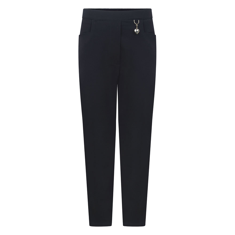 Frontal view of girls' navy school trousers.