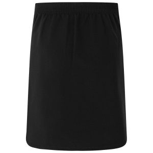 Rear view of a black stretch school skirt.