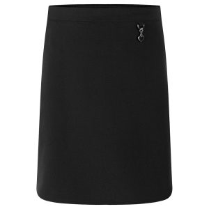 Frontal view of a black stretch school skirt.