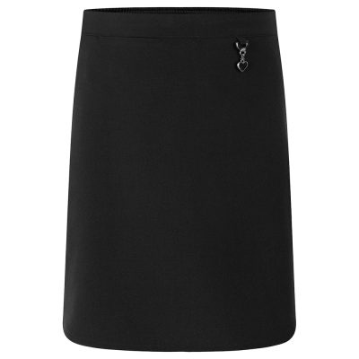 Frontal view of a black stretch school skirt.