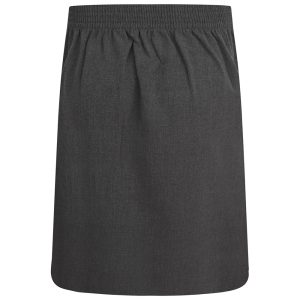 Rear view of a grey stretch school skirt.