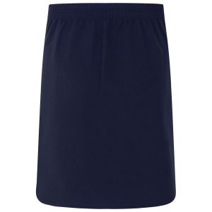 Rear view of a navy stretch school skirt.