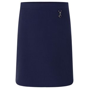 Frontal view of a navy stretch school skirt.