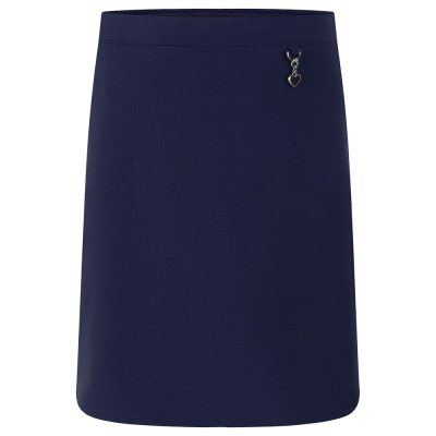 Frontal view of a navy stretch school skirt.
