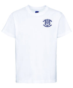 Frontal view of the St Pauls Academy white PE t-shirt with the school's emblem embroidered on the left breast.