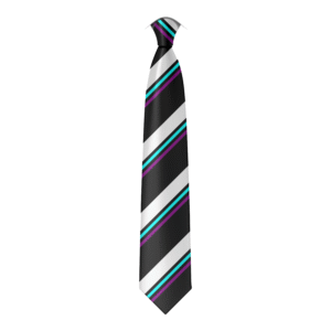 A digital mockup of the Ark Blacklands Primary Academy tie. A black tie with asymetric triple stripes of white, cyan, and purple.