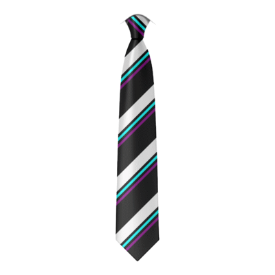A digital mockup of the Ark Blacklands Primary Academy tie. A black tie with asymetric triple stripes of white, cyan, and purple.