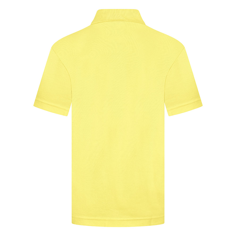 Rear view of a plain yellow kids' polo shirt against a white background.
