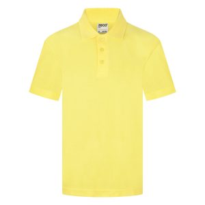 Frontal view of a plain yellow kids' polo shirt against a white background.
