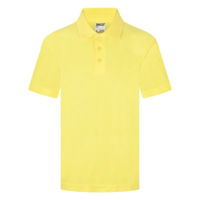 Frontal view of a plain yellow kids' polo shirt against a white background.
