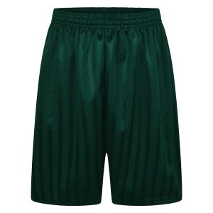 Frontal view of bottle green shadow stripe PE shorts with an elasticated waist