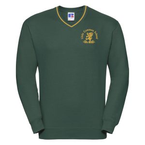 Bottle green acrylic knitted jumper with gold piping and the school logo on the left breast