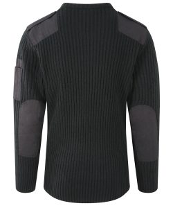 Rear view of black NATO security jumper with epaulettes on the shoulder, elbow patches, and a pen pocket on the left sleeve.