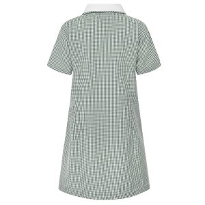 Rear view of a bottle green gingham summer dress.