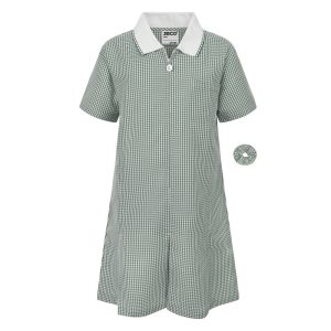 Frontal view of a bottle green gingham summer dress with a matching scrunchie.