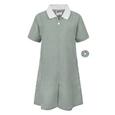 Frontal view of a bottle green gingham summer dress with a matching scrunchie.