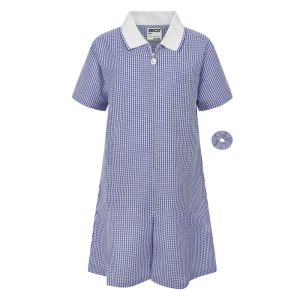 Frontal view of a navy blue gingham summer dress with a matching scrunchie.