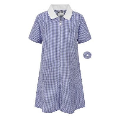 Frontal view of a navy blue gingham summer dress with a matching scrunchie.