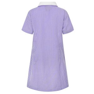 Rear view of a purple gingham summer dress.