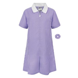 Frontal view of a purple gingham summer dress with a matching scrunchie.