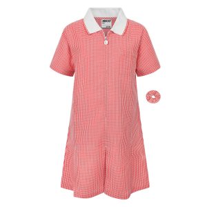 Frontal view of a red gingham summer dress with a matching scrunchie.