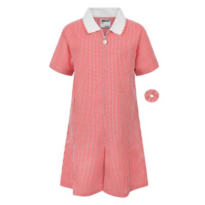 Frontal view of a red gingham summer dress with a matching scrunchie.