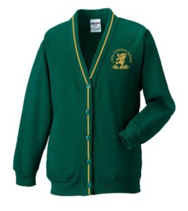 Bottle green acrylic knitted cardigan with gold piping and the school logo on the left breast