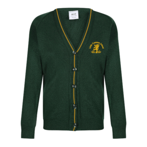 Frontal view of the Little Common Primary School bottle green knitted cardigan with golden colour piping. The school's logo can be seen embroidered on the left sode of the garment as worn.