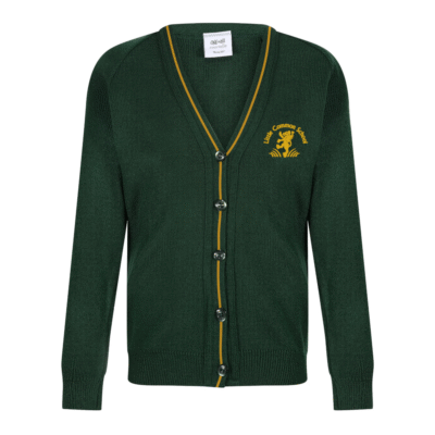Frontal view of the Little Common Primary School bottle green knitted cardigan with golden colour piping. The school's logo can be seen embroidered on the left sode of the garment as worn.