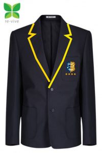 Ark Alexandra navy blazer with gold trim and logo embroidered to left breast