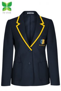 Ark Alexandra navy blazer with gold trim and logo embroidered to left breast