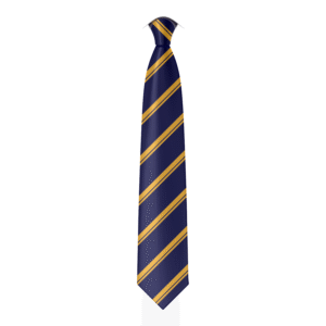 A digital mockup of the Ark Alexandra School Tie. A dark French navy tie with asymetrical double strips of golden yellow.