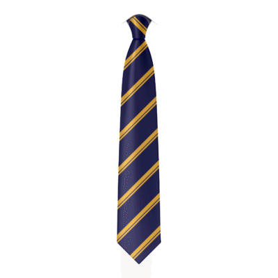 A digital mockup of the Ark Alexandra School Tie. A dark French navy tie with asymetrical double strips of golden yellow.