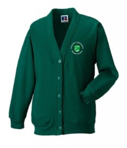 Frontal view of the Chantry Primary School bottle green cardigan