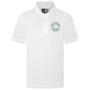 Frontal view of the Chantry Primary School white polo shirt
