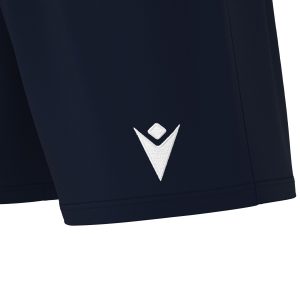 Close-up view of Macron's hero logo embroidered on the leg of black Mesa shorts for PE.