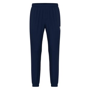 Frontal view of Macron's Neckar tracksuit bottoms for PE in navy. The Macron hero logo is embroidered in white on the left thigh.