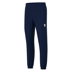 Angled frontal view of Macron's Neckar tracksuit bottoms for PE in navy. The Macron hero logo is embroidered in white on the left thigh.
