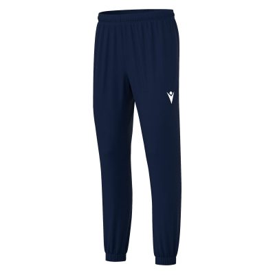Angled frontal view of Macron's Neckar tracksuit bottoms for PE in navy. The Macron hero logo is embroidered in white on the left thigh.