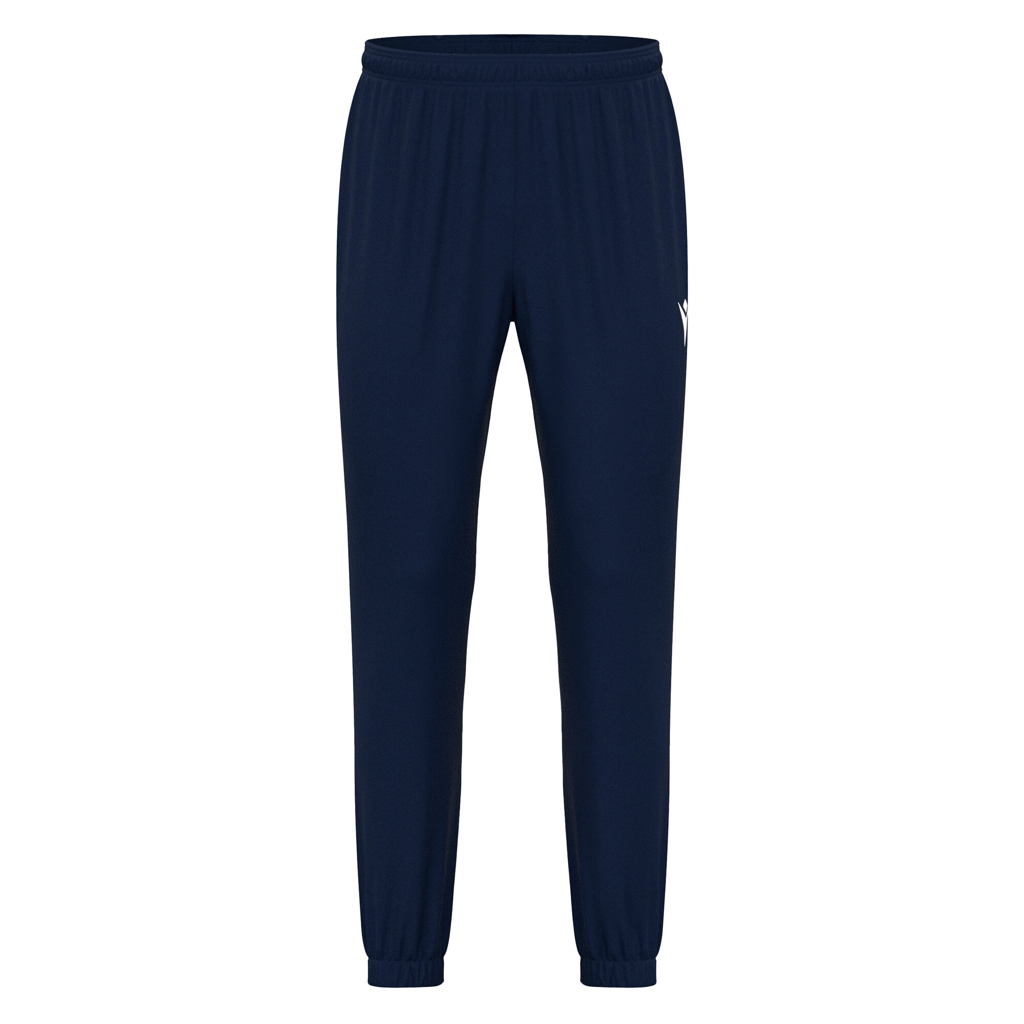 Frontal view of Macron's Neckar tracksuit bottoms for PE in navy. The Macron hero logo is embroidered in white on the left thigh.