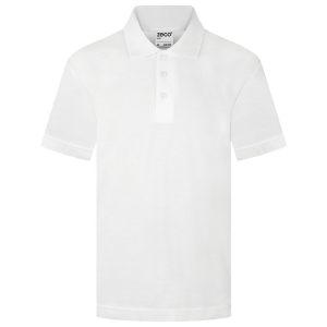 Frontal view of a plain white polo shirt