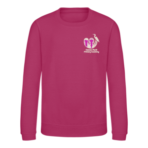 Frontal view of the Heron Park Primary Academy sweatshirt. A rasberry pink sweatshirt with the school's logo embroidered on the left breast.