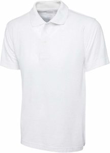 Frontal view of a plain white polo shirt