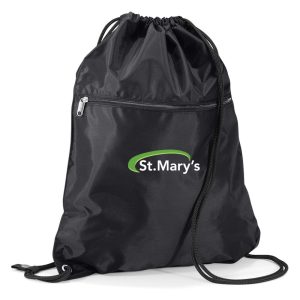 Frontal view of the St Mary's School and College black swim bag with a zip. The school's emblem is printed on the front.